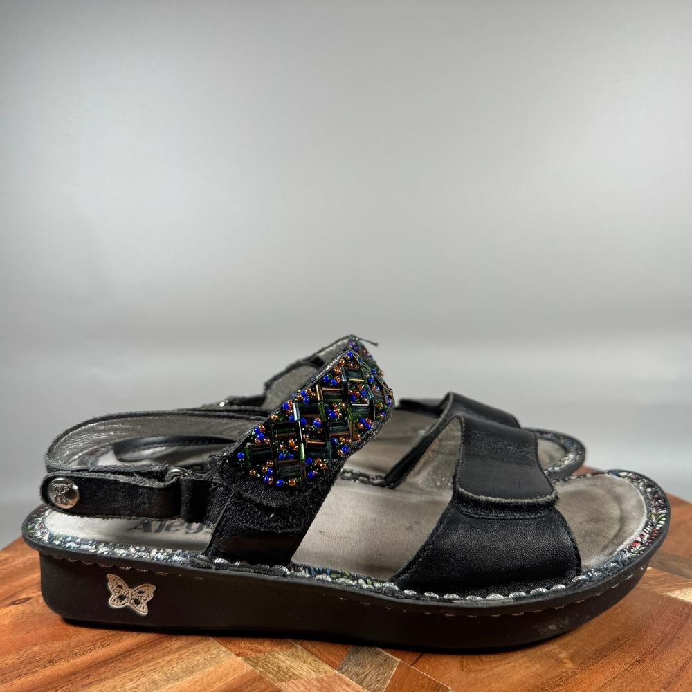 Alegria Verona Black Leather Beaded Slingback Sandals Women 37 US 7